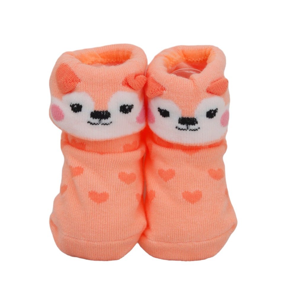 Bright orange pair of Yellow Bee's baby socks with cute animal faces and hearts, perfect for a cozy fit