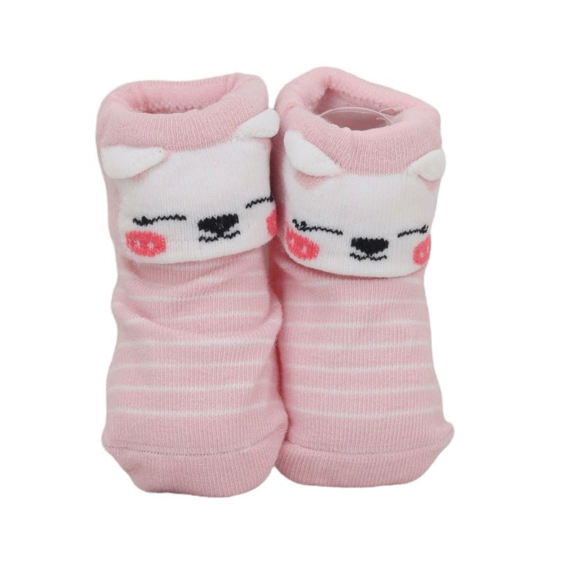 Adorable pink animal-themed socks by Yellow Bee for babies, featuring a snug cuff and soft texture