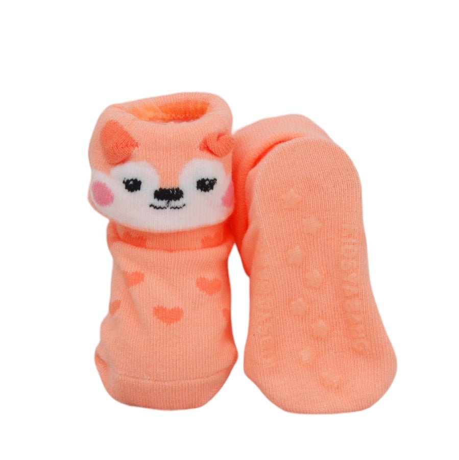 Single sock from Yellow Bee's baby collection showcasing the anti-skid soles and charming animal design.