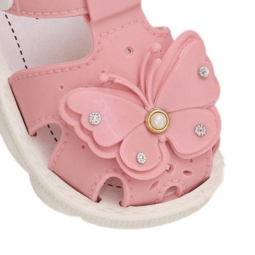 Close-Up of Pink Butterfly Detail on Toddler Sandal with Secure Fit