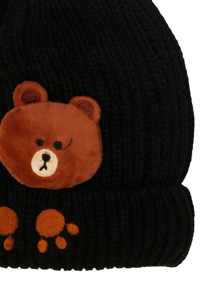 Top View of Black Boys' Hat with Teddy Bear Face and Pom-Pom
