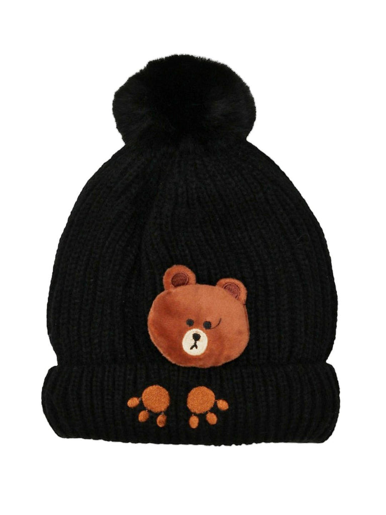 Front View of Black Knit Hat with Teddy Applique and Pom-Pom for Boys