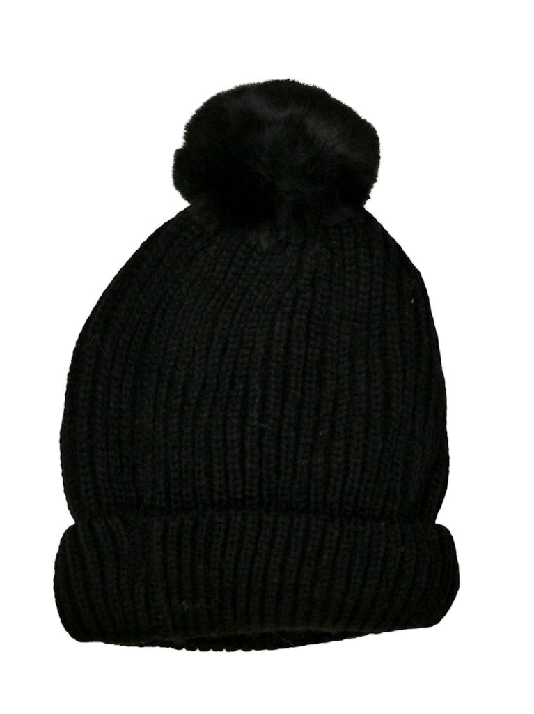 Back View of Cozy Black Knitted Hat with Pom-Pom for Boys