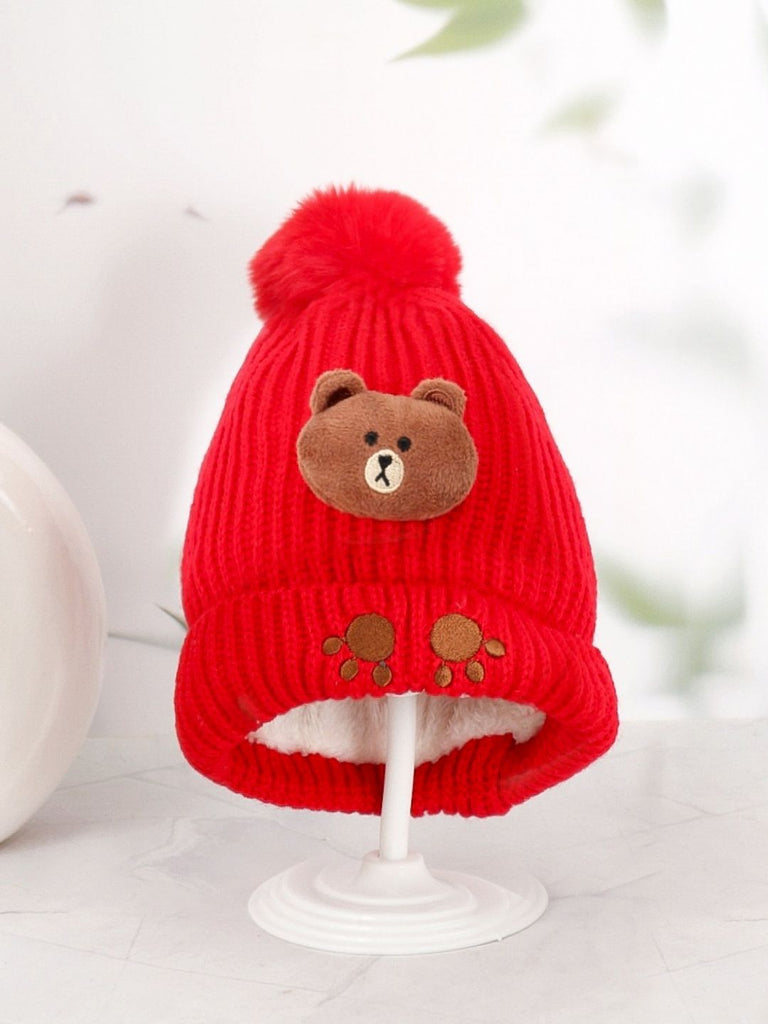 Boy's Red Knit Hat with Teddy Applique and Fluffy Pom-Pom