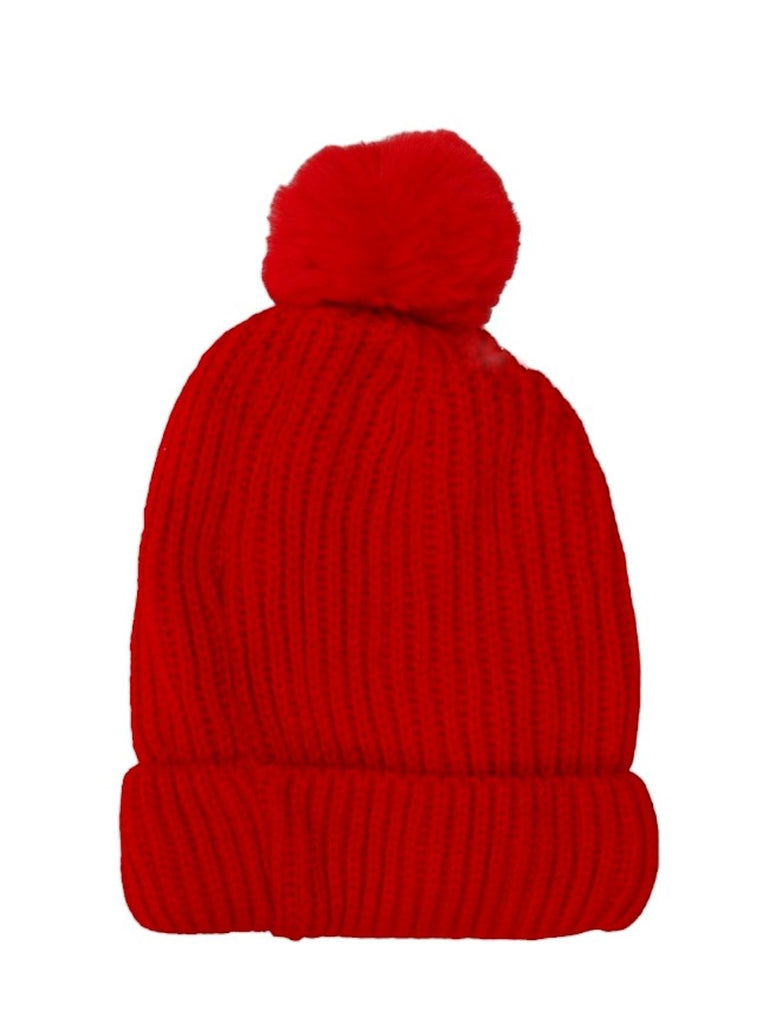 Back View of Red Knitted Hat with Pom-Pom for Boys