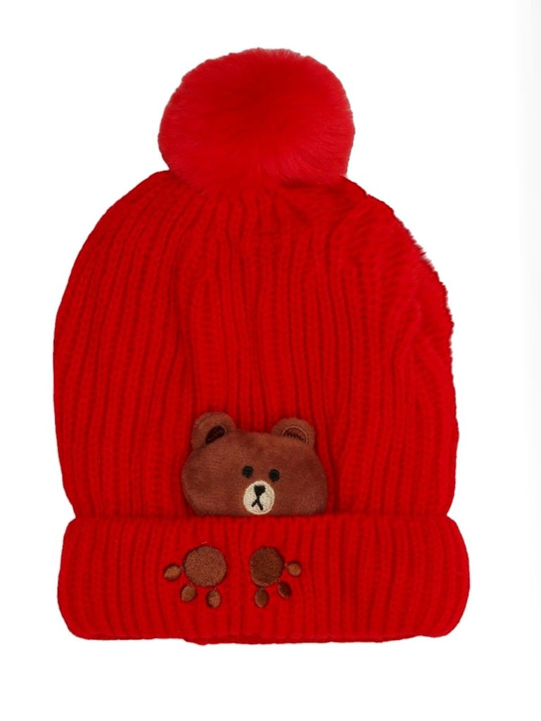 Front View of Boy's Red Winter Hat with Teddy Bear Design and Pom-Pom