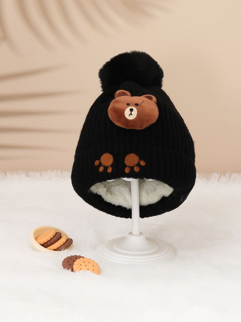 Black Teddy Applique Winter Hat with Fluffy Pom-Pom for Boys