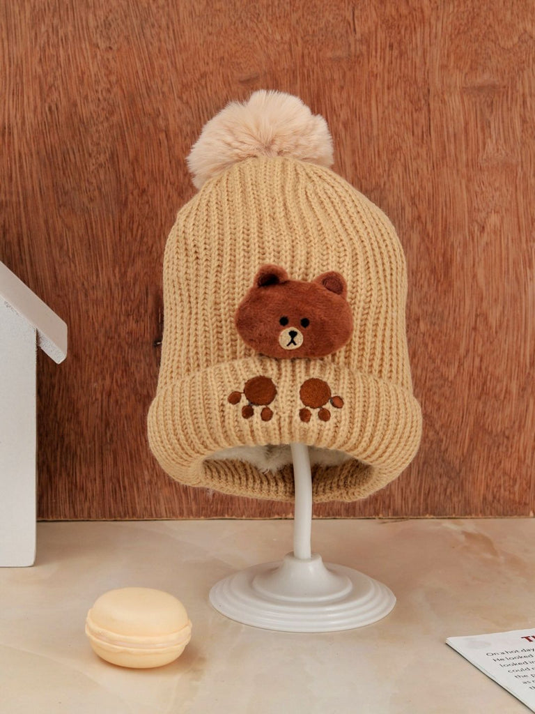 Beige Teddy Bear Applique Winter Hat with Fluffy Pompom for Boys