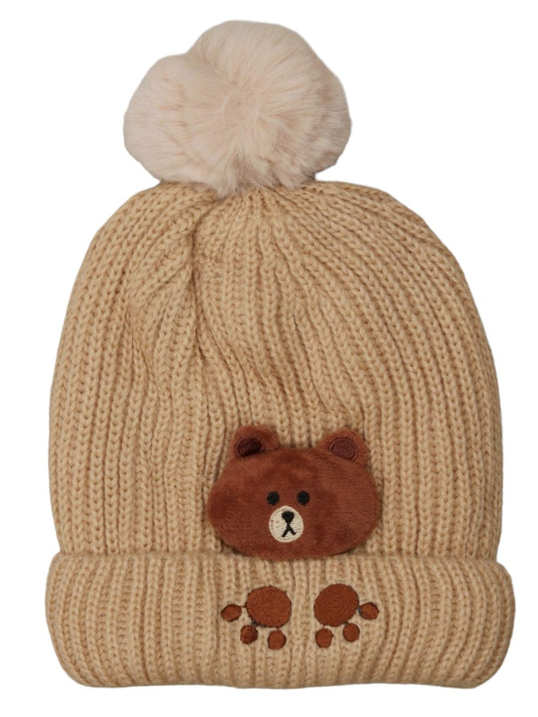 Top View of Boy's Beige Knit Hat with Cute Teddy Applique and Soft Pompom