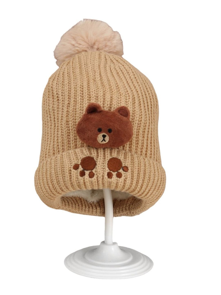 Front View of Beige Knit Boy's Hat with Teddy Bear Design and Pompom