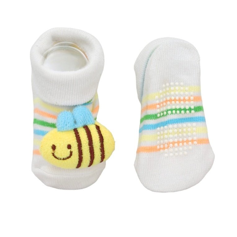 Sole View of White Bee Socks with Non-Slip Dots for Baby Girls