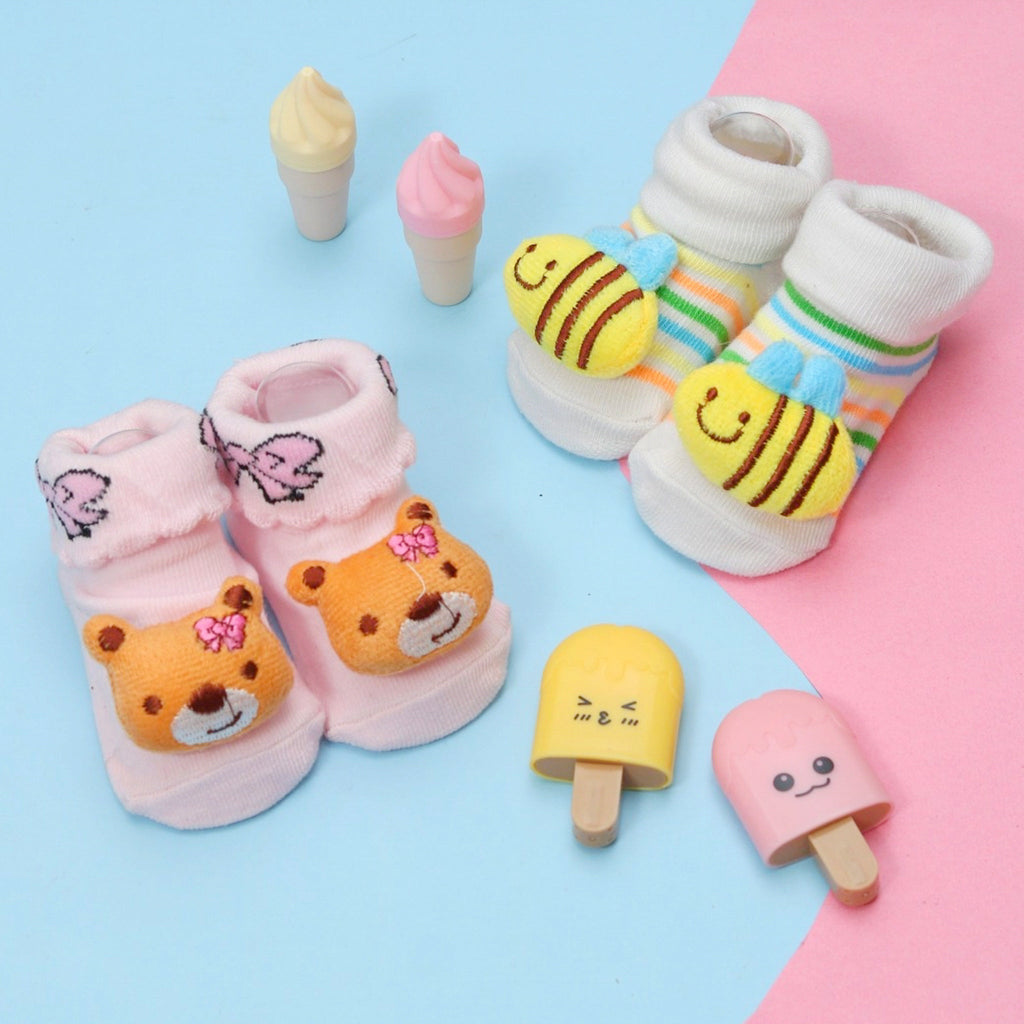 Baby Girl's Pink and White Teddy Bear and Bee Socks Set with Toy Ice Creams