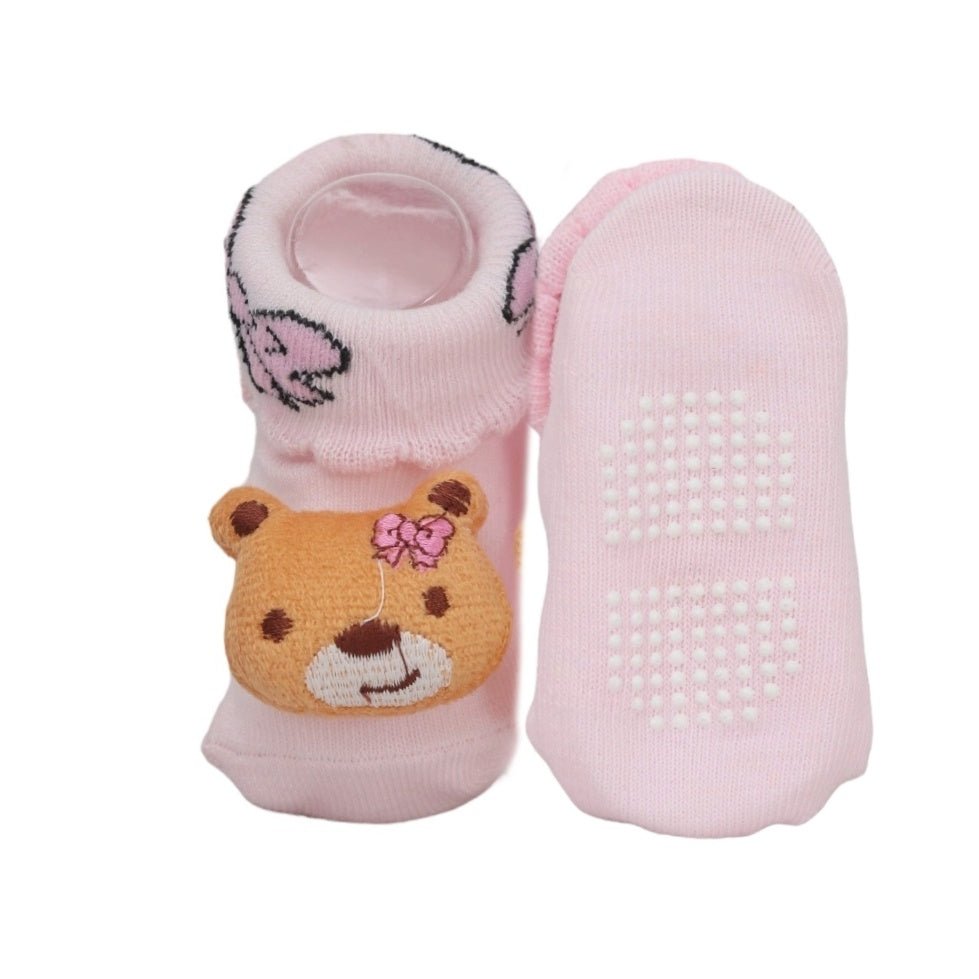 Sole View of Pink Teddy Bear Socks with Non-Slip Dots for Baby Girls