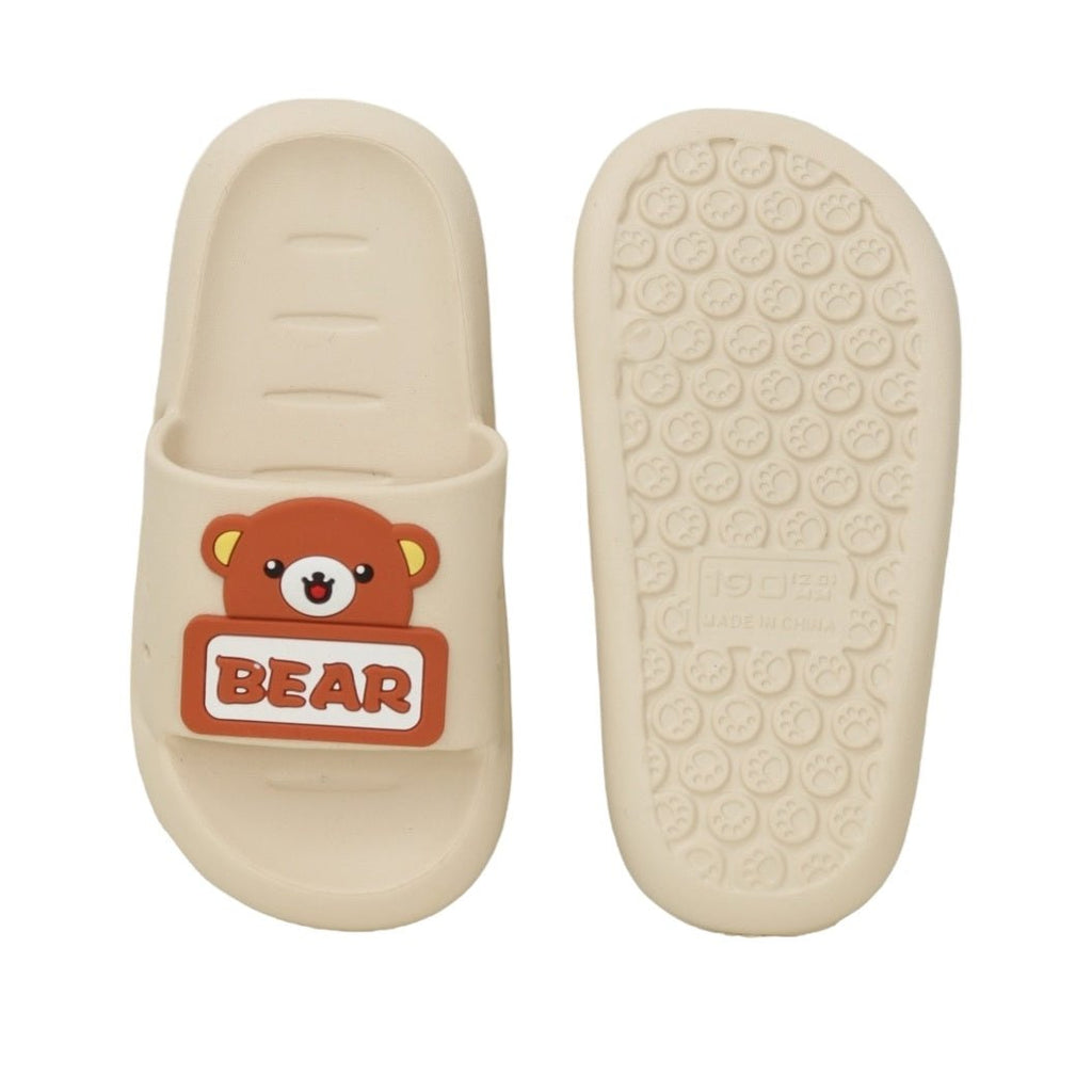 Overhead and sole view of Beige Kids' Teddy Bear Applique Slides