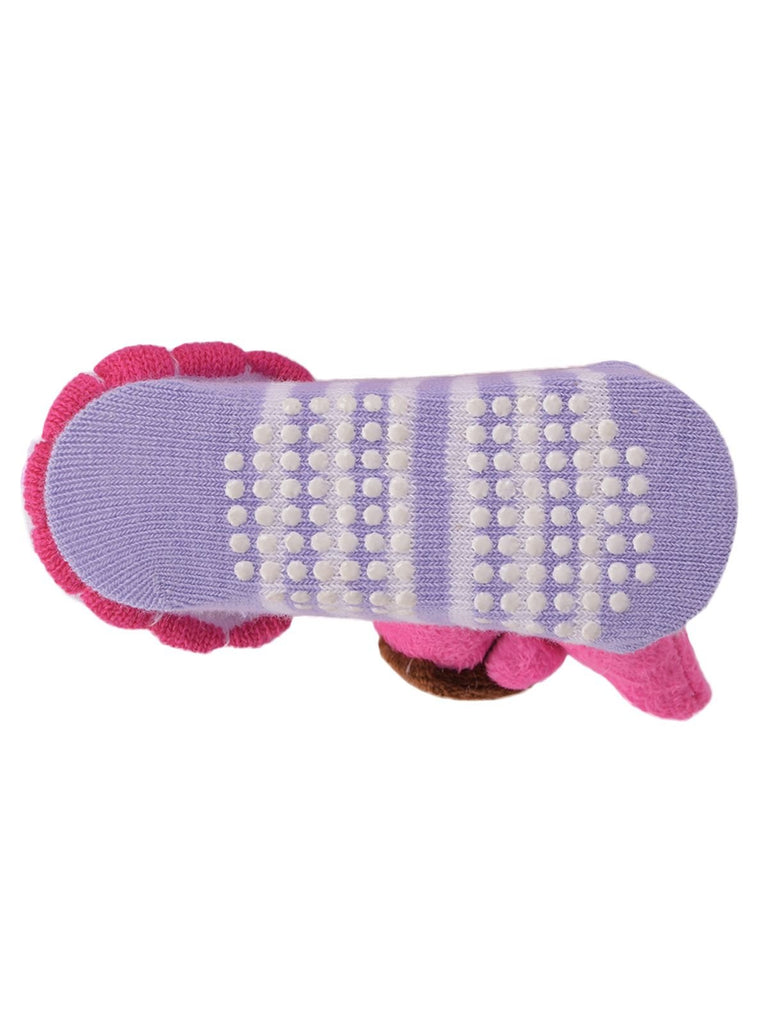 Top view of grey and white striped teddy bear stuffed toy socks with a plush toy detail.