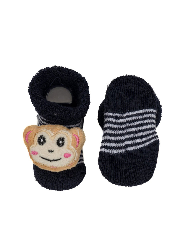 Navy-striped monkey-themed baby socks with a plush toy head