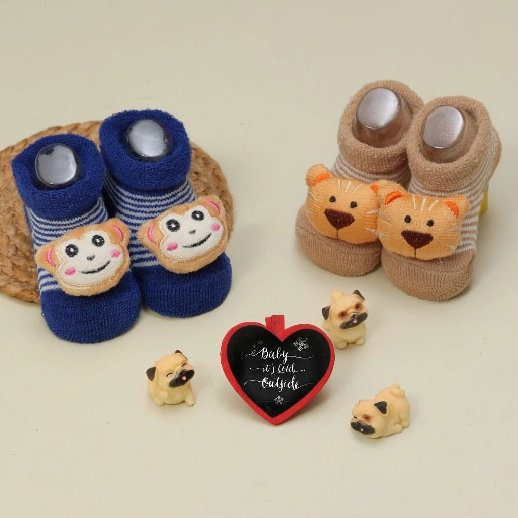 Baby's Tiger and Monkey Stuffed Toy Socks Set with Heart-Shaped Message