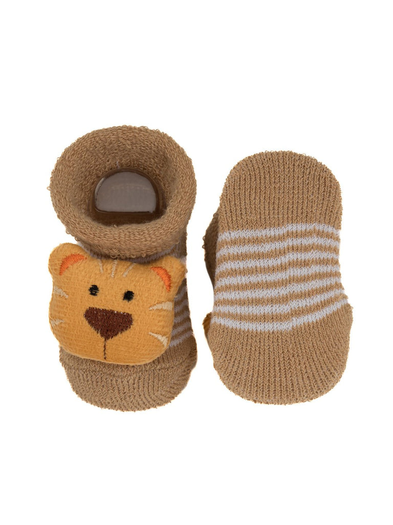 Top view of brown tiger baby socks with a cushioned insole and striped pattern