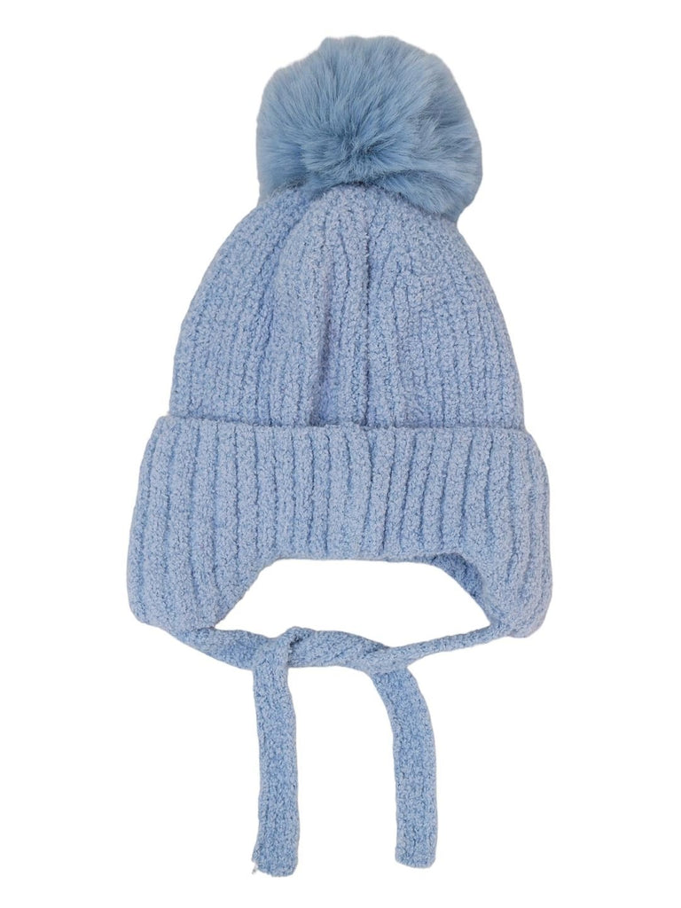  Sky blue tiger-themed knit hat with pom-pom for boys, showcasing ear flaps and ties.