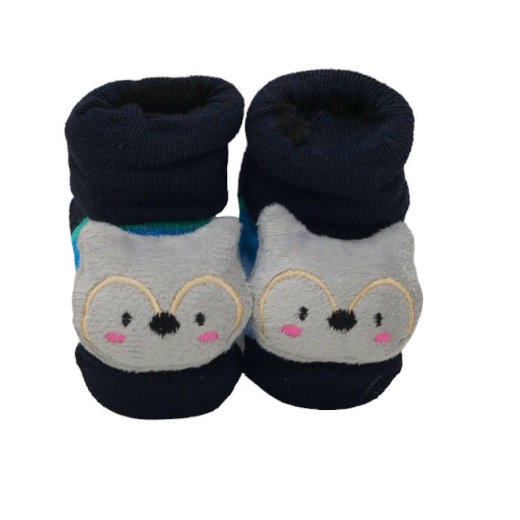 Adorable grey cat face baby boy socks, up-close front view.