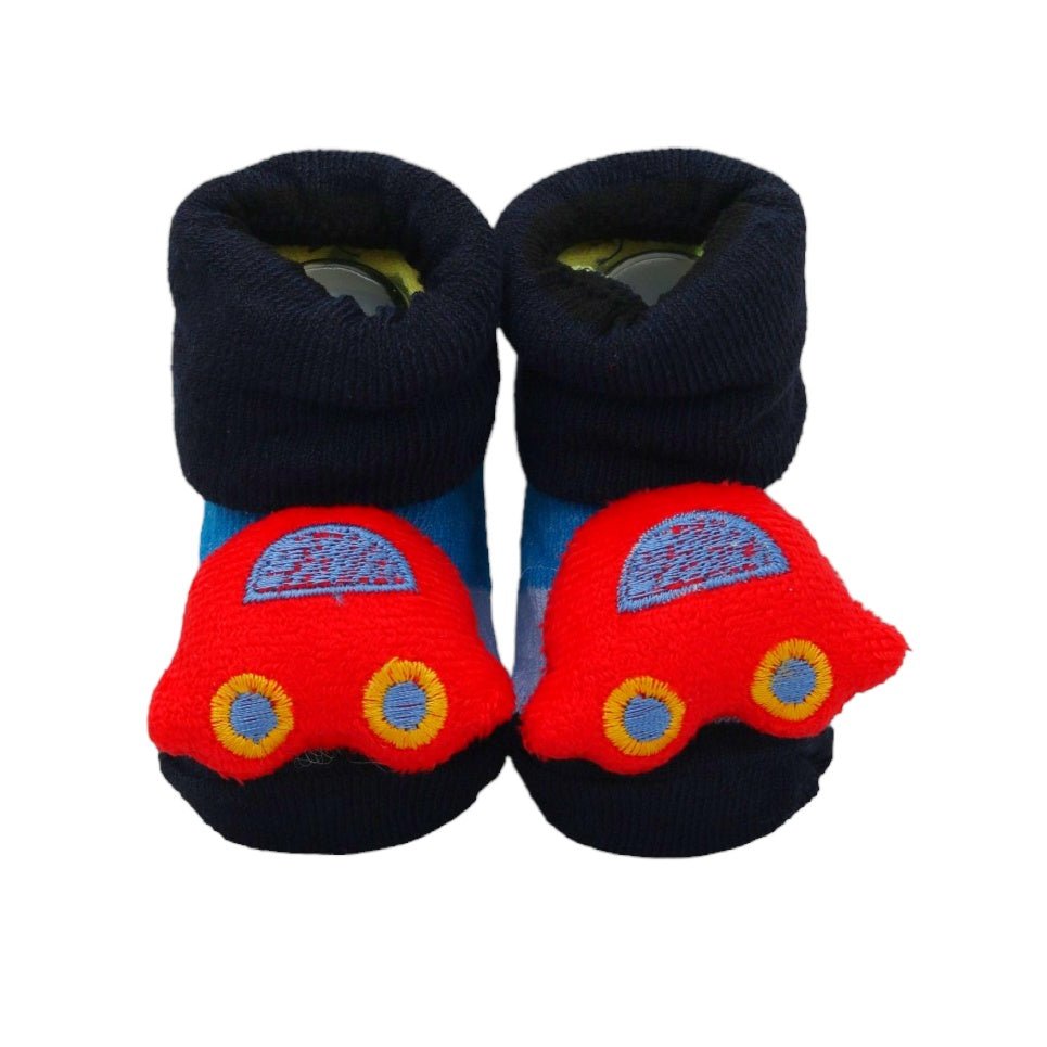 Bright red car-designed socks for baby boys, front view on a white background.