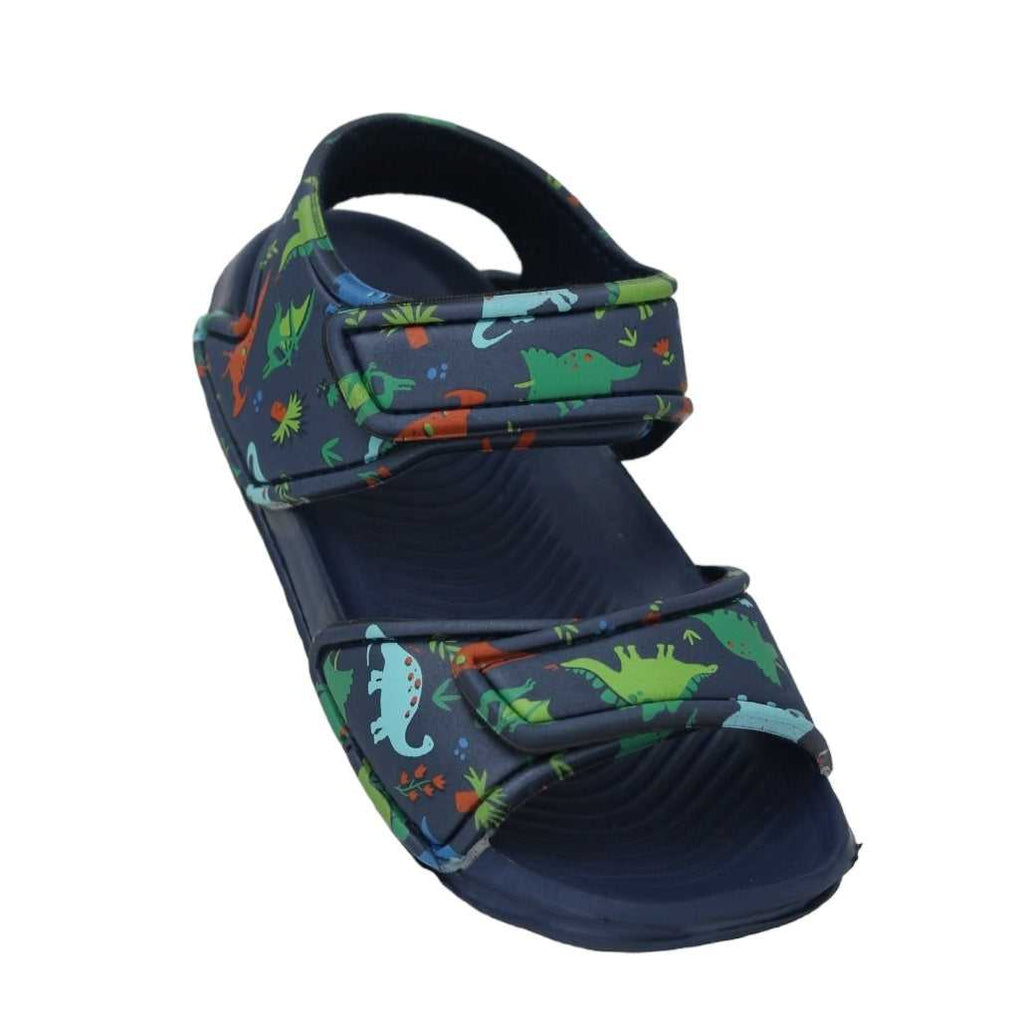 Single navy sandal with a colorful dinosaur print, combining style and prehistoric fun for kids.