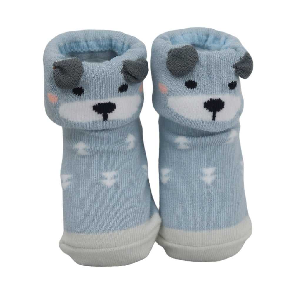 Light blue baby socks with a white cloud pattern and bear face, featuring anti-skid soles.