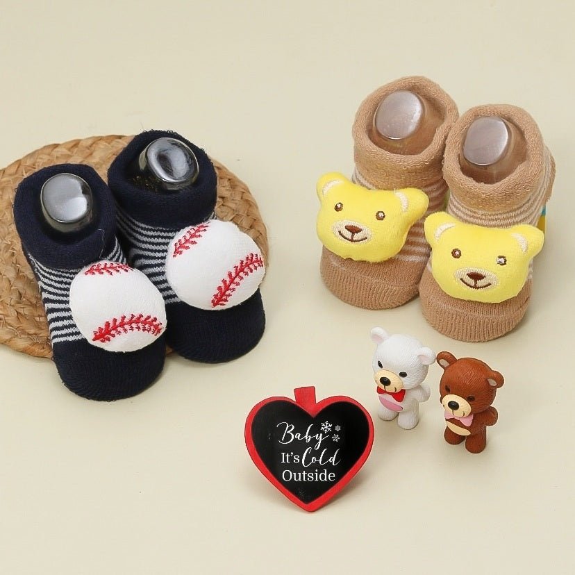 Baseball and Bear Stuffed Toy Socks Set for Babies on a Warm Background