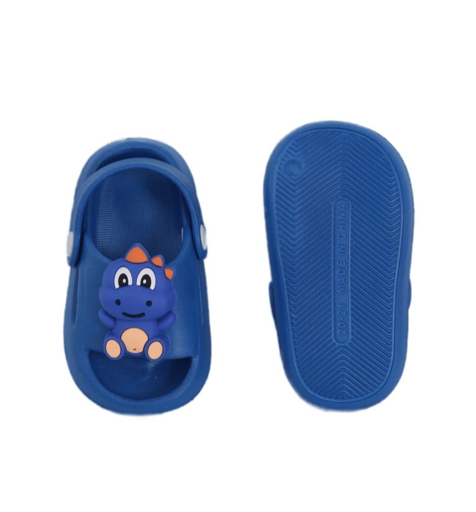 Sole pattern detail of blue dinosaur sandals for kids