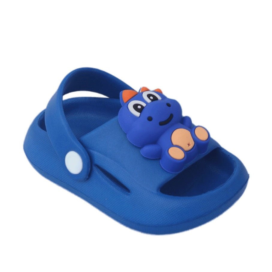 Side view of kid's blue dino sandals with cute character detail.