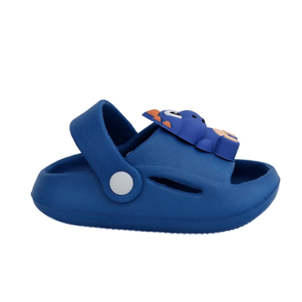 Angled view highlighting the secure strap of the blue dino sandals.