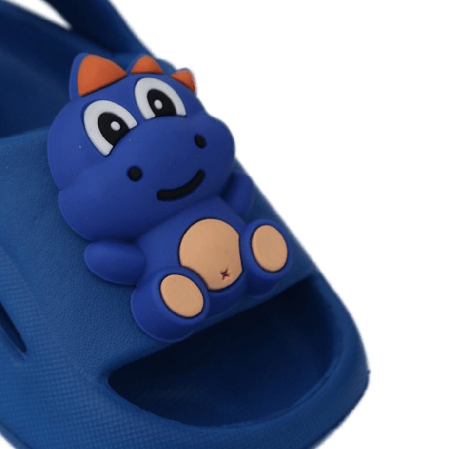 Close-up of the charming dino face on kids' blue sandals