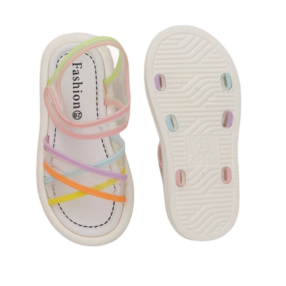 Angled View of Children's Transparent Colour Block Sandals with Pastel Accents