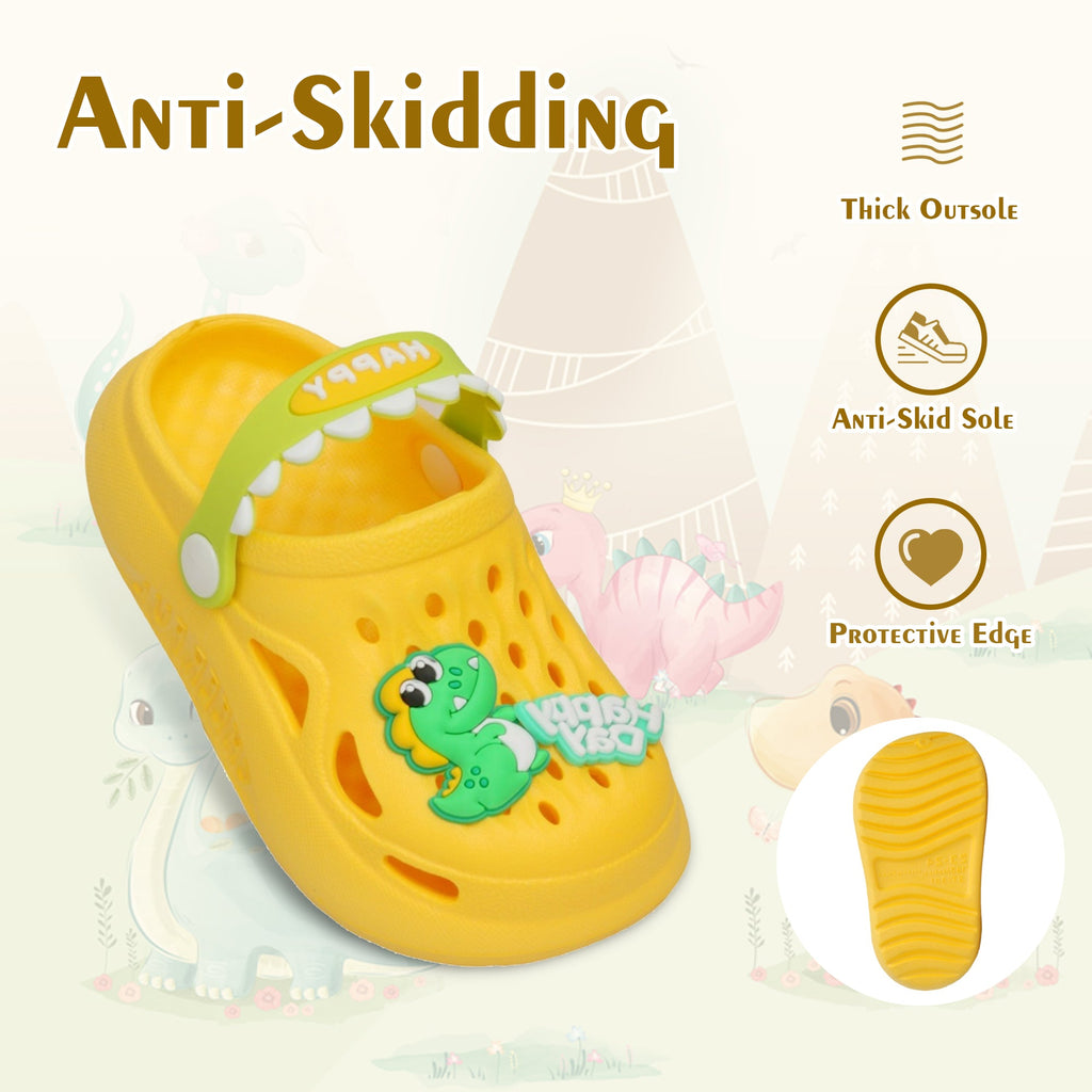 Safety and comfort details of Yellow Bee's yellow dino-themed clogs for playful kids.