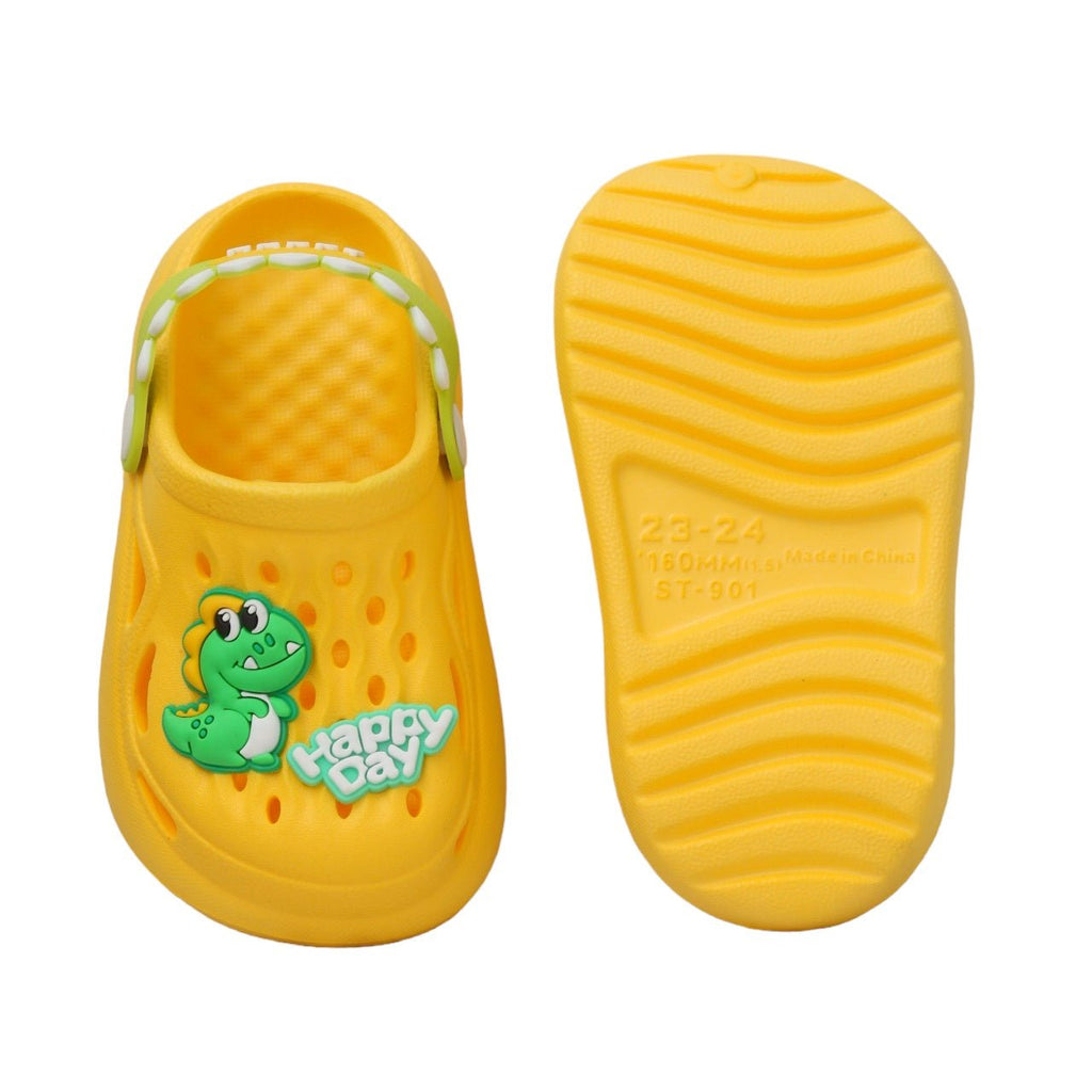 Top and sole view of Yellow Bee's yellow clogs for boys, with a focus on the non-slip design