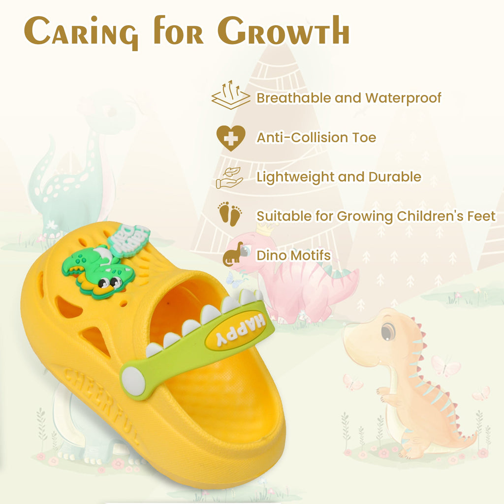 Key features of Yellow Bee's yellow dinosaur clogs for children, focusing on growth and comfort
