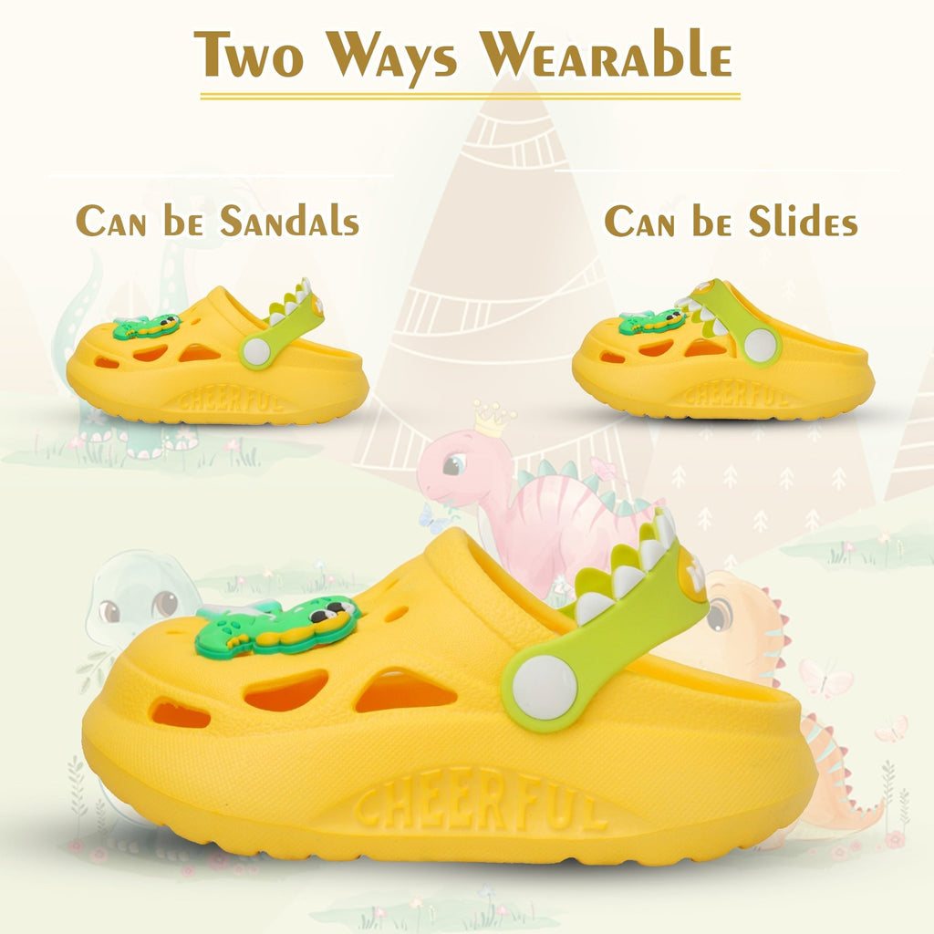Dual-wear options of Yellow Bee's dinosaur clogs as sandals or slides for versatile use