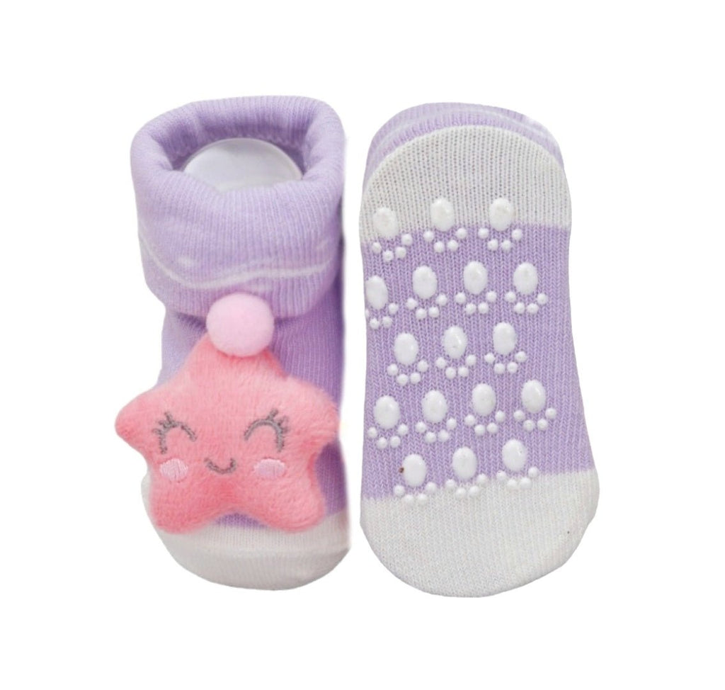 Baby girl purple sock with pink star design and non-slip sole