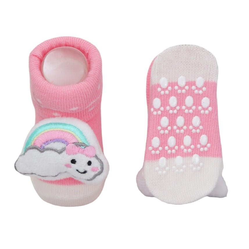 Baby girl pink sock with rainbow cloud design and non-slip sole