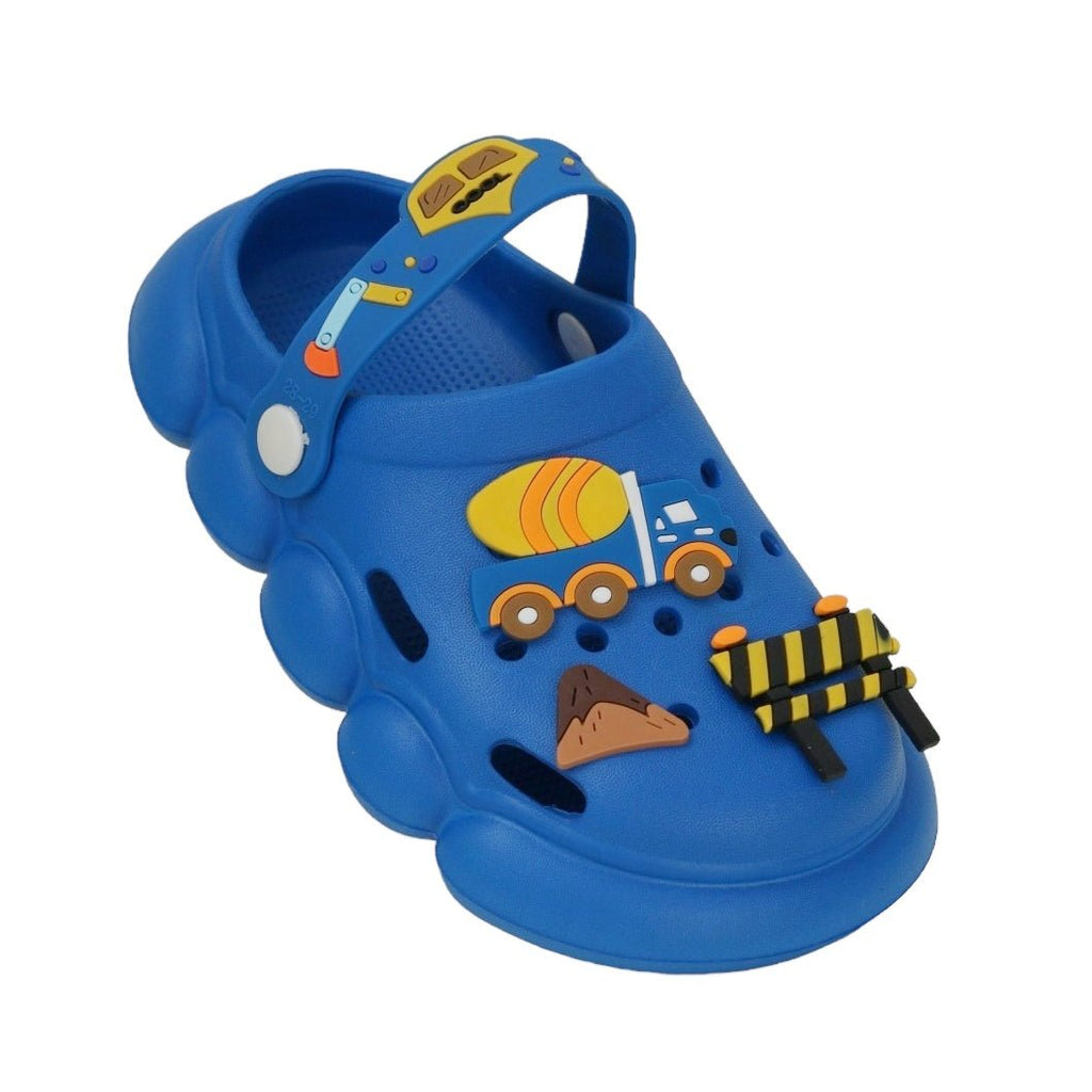 Zoom View of Children's Construction Clogs - Vibrant Blue with Playful Designs