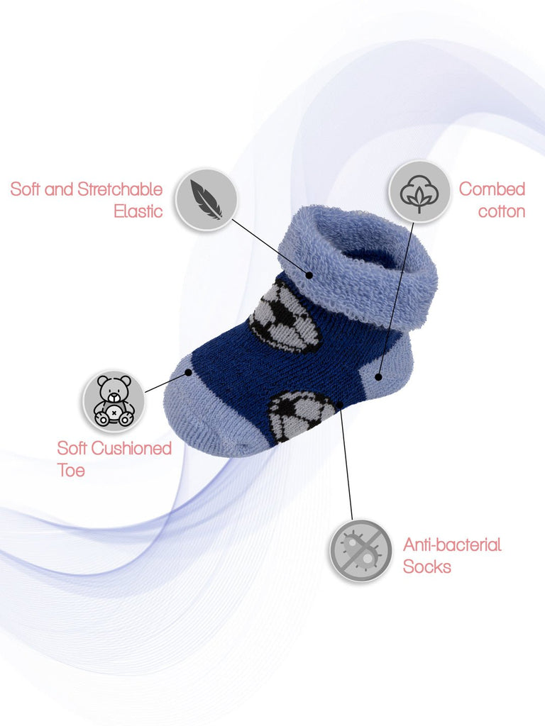 Detailed View of Blue Football Printed Sock with Soft Elastic and Combed Cotton Features