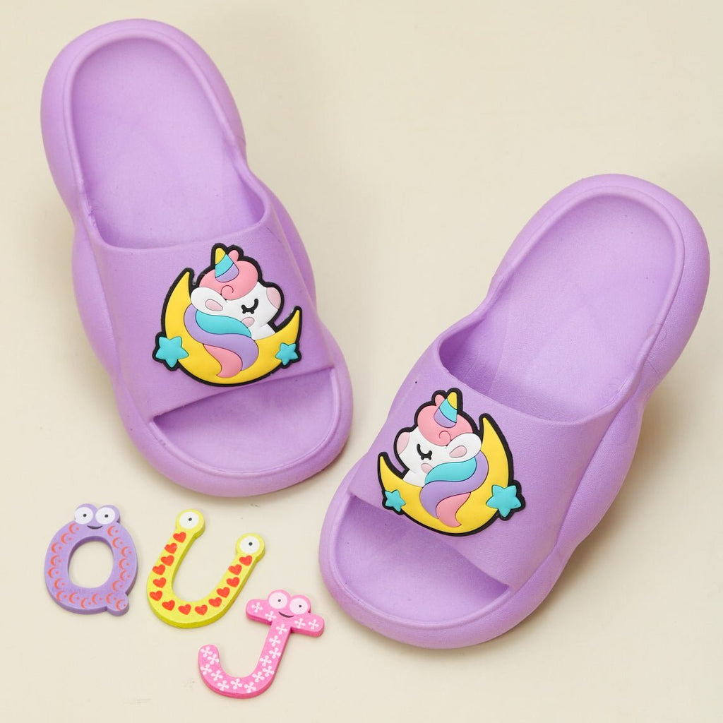 Vibrant purple slides featuring a playful unicorn and moon design with star accents.