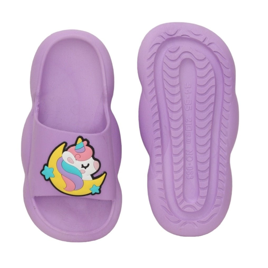 Top and bottom view of purple slides with unicorn and moon design, highlighting the non-slip sole pattern