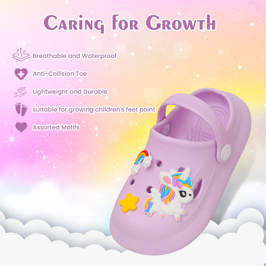 Child-friendly features of unicorn motif girls clogs highlighted on a purple background