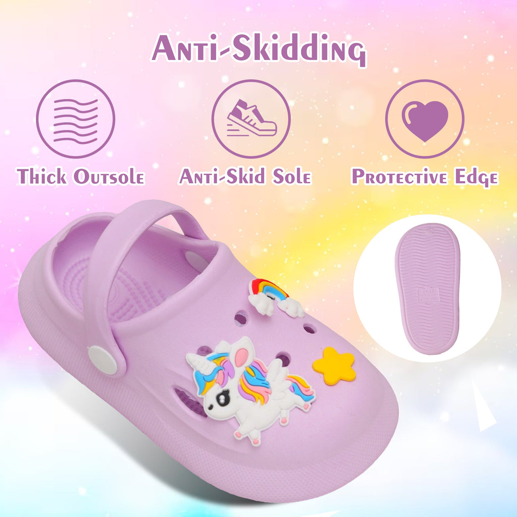 Anti-skid and protective design details of purple unicorn girls clogs