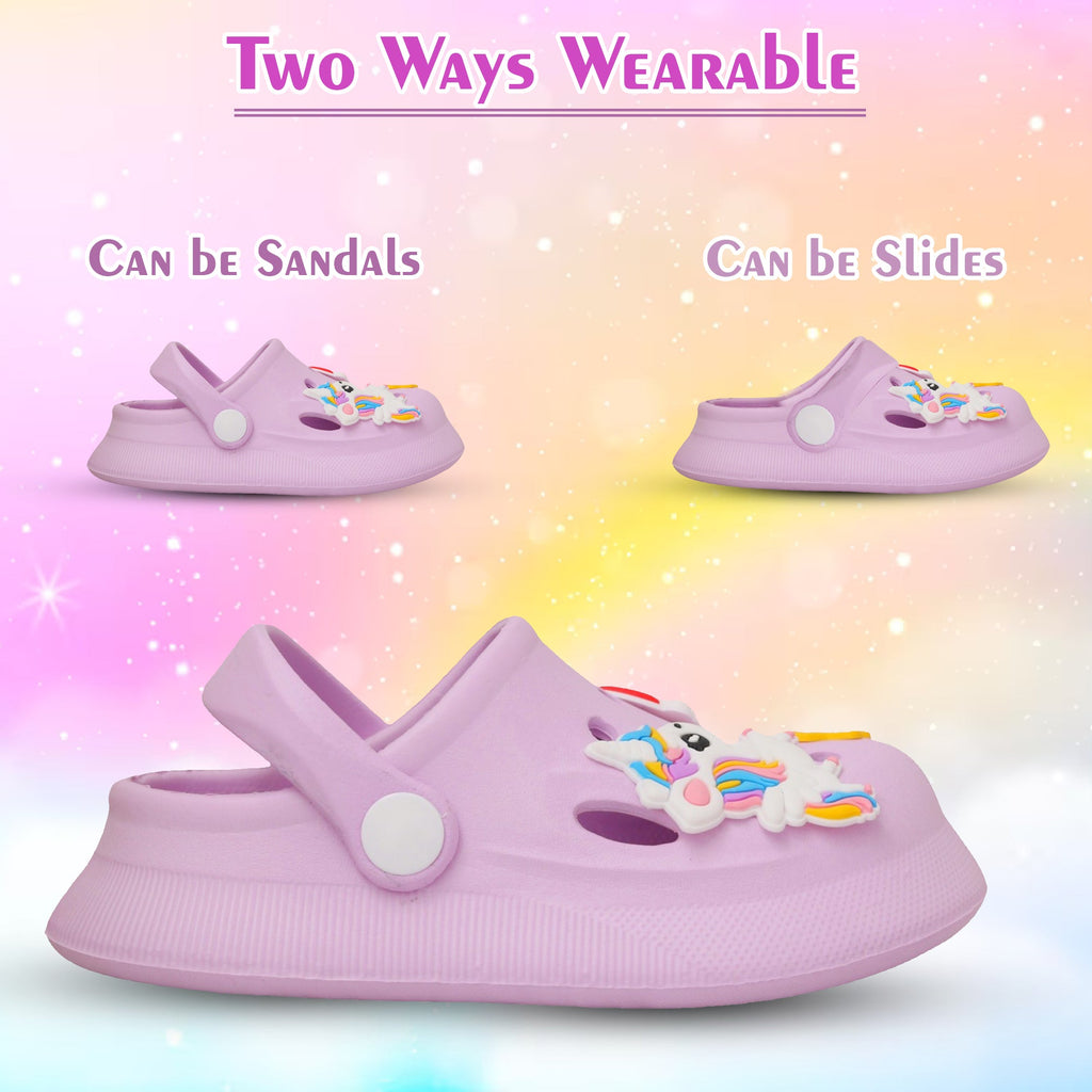 Versatile wearability of purple clogs with unicorn decorations, shown as sandals and slides.