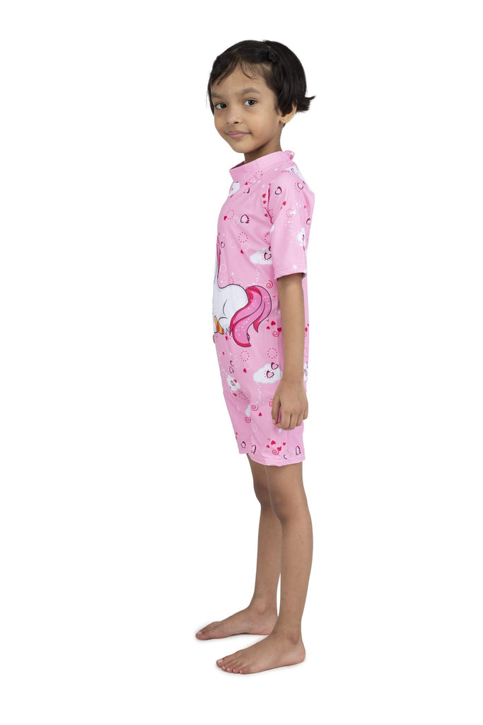 Side view of the magical unicorn swimsuit for girls by Yellow Bee with half sleeves for sun protection