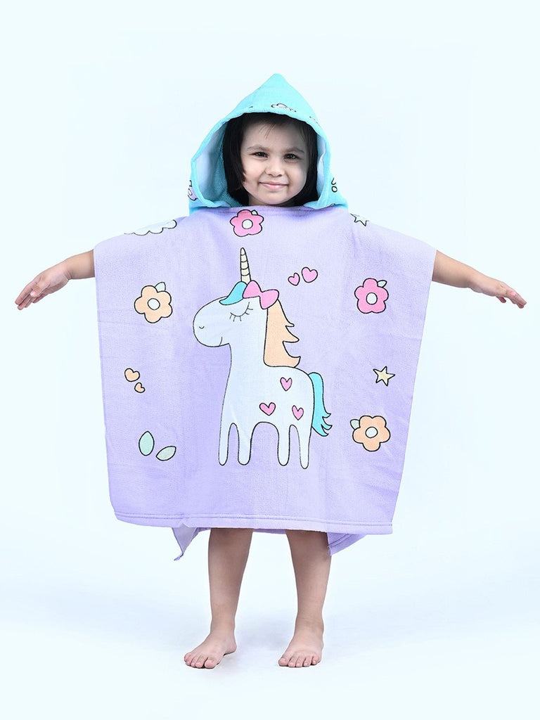 Happy Girl in Unicorn Poncho Towel - Front View