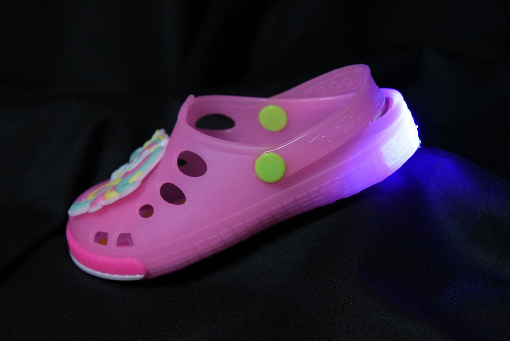 Top and sole view of Pink Unicorn LED Clogs for Girls