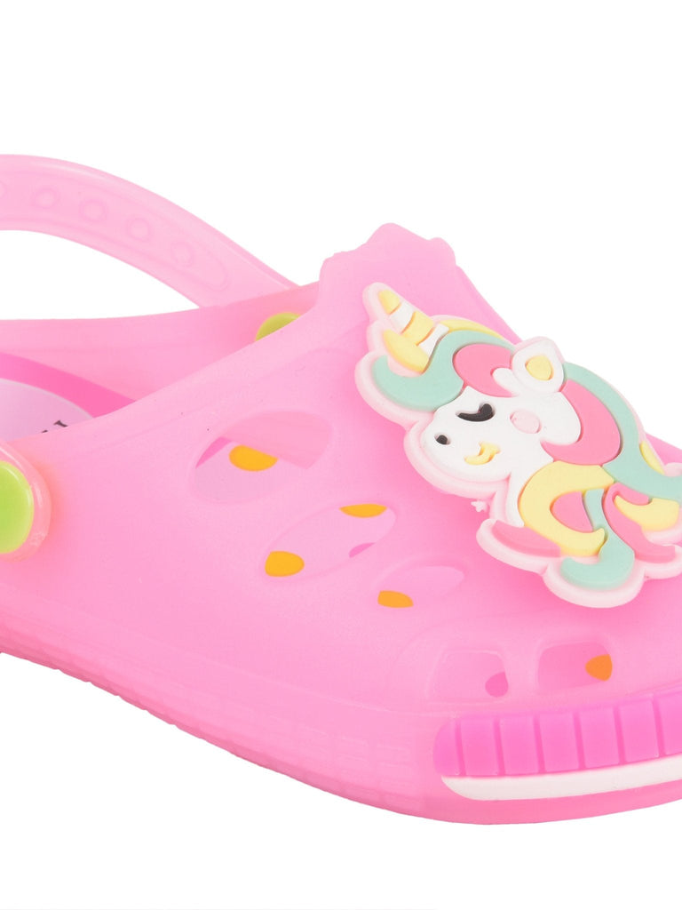 Close-up of the unicorn emblem on Pink LED Clogs for Girls